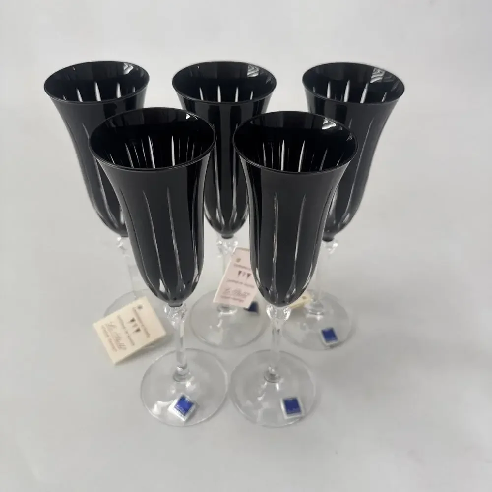 Set of 5 Le Stelle Cristal Design Black Glasses Champagne Flutes Cut to Clear - Picture 2 of 12